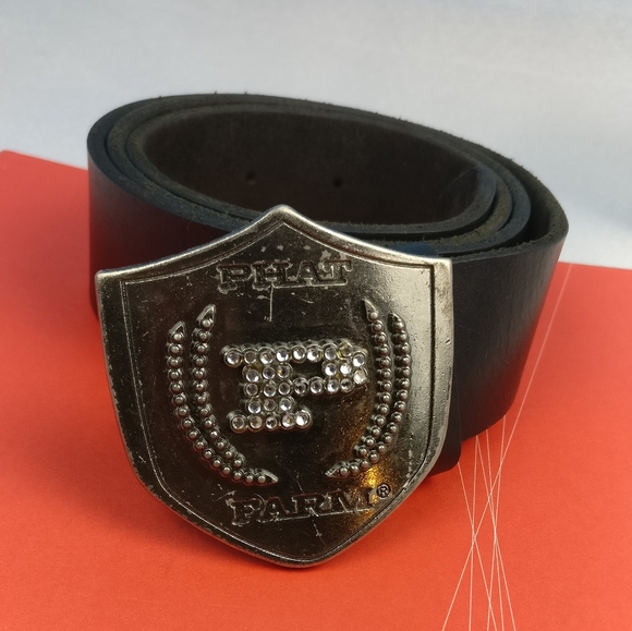 Vtg Y2K Phat Farm Leather belt Big buckle Bling bling Hip Logo - Picture 2 of 6